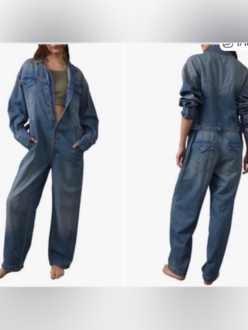 Free people Vintage-Style Denim Coverall Jumpsuit - Light Blue